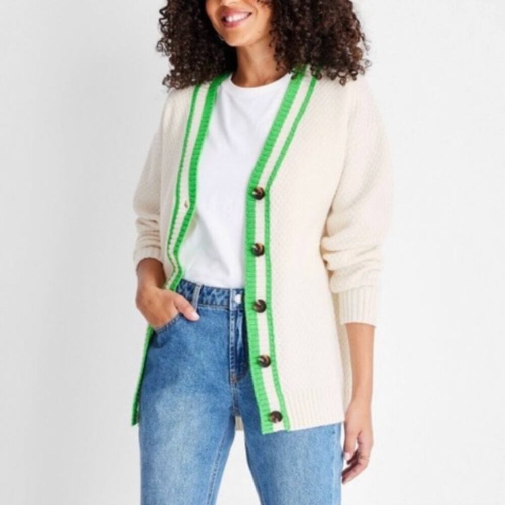 Future Collective Kahlana Barfield Cream Green Varsity Cardigan Sweater Small